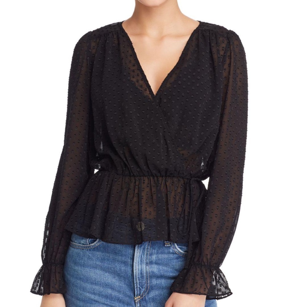 Aqua Black Swiss Dot Long Sleeve Faux Wrap Top, Large